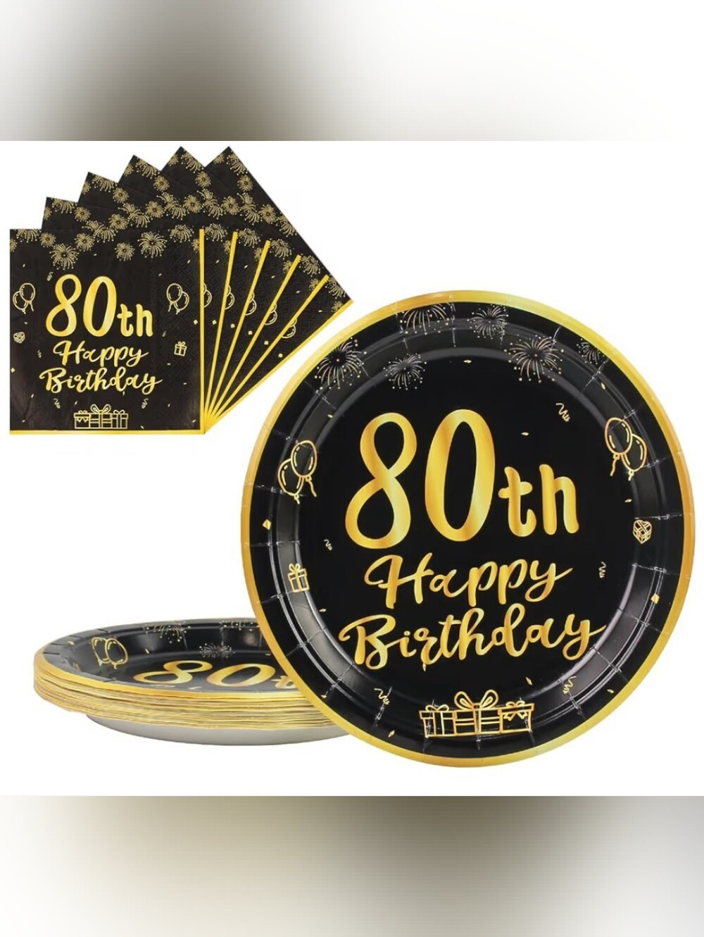 80th Happy Birthday Disposable Party Plates & Napkins - Black and Gold